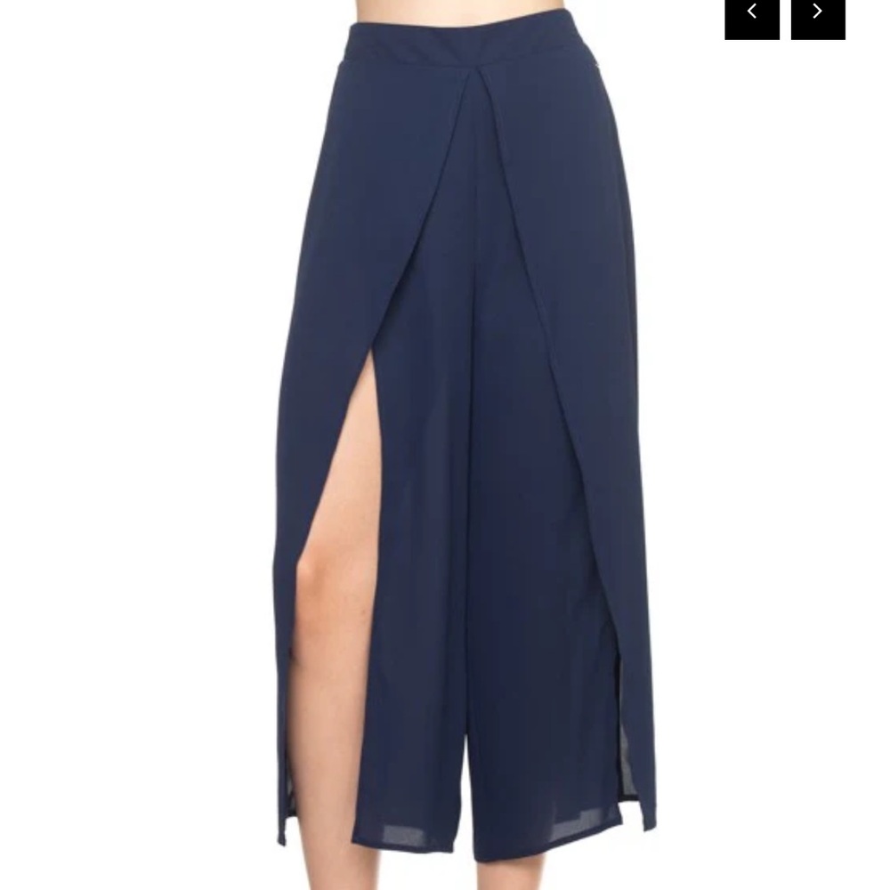 High-Waist Navy Midi Split Front Skirt